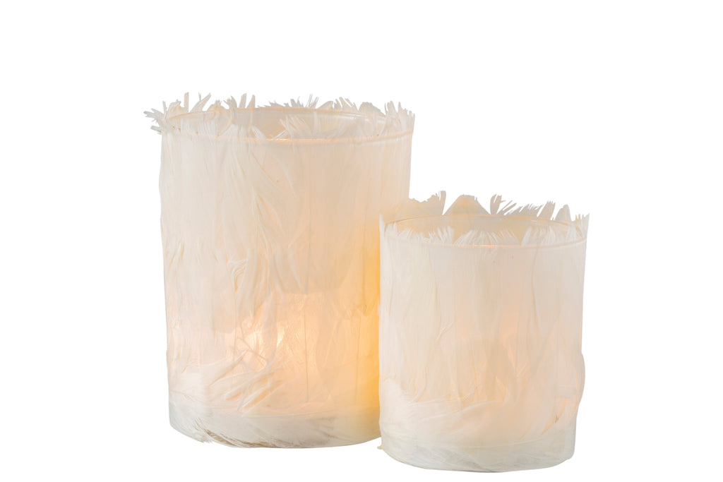 Theelichthouder Veren Glas Crème Groot