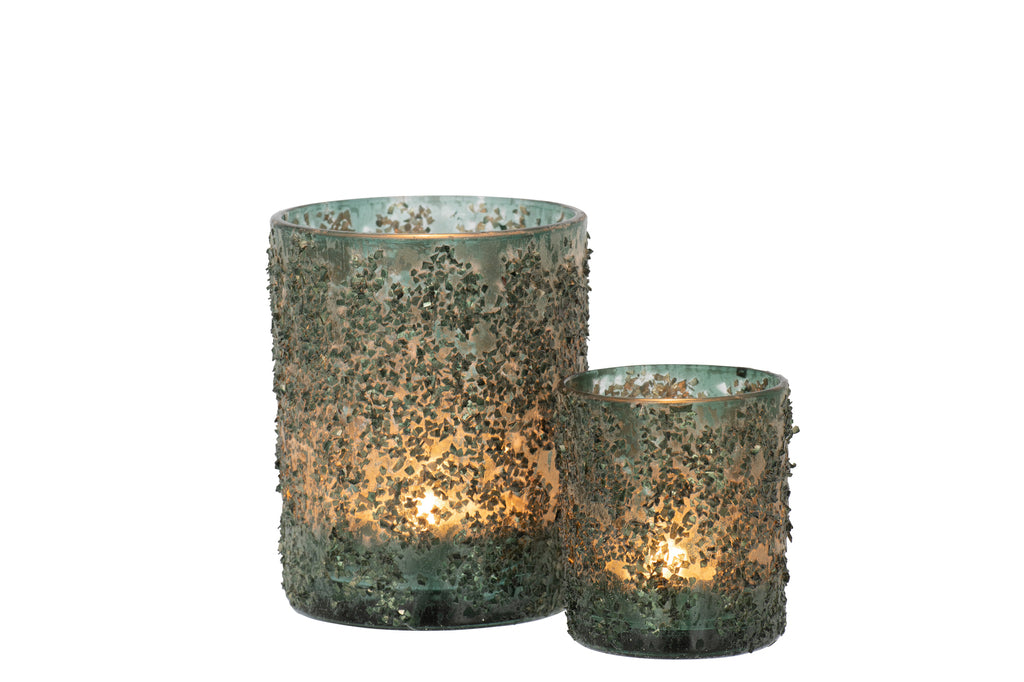 Theelichthouder Fijne Stenen Glas Grijs/Groen Groot