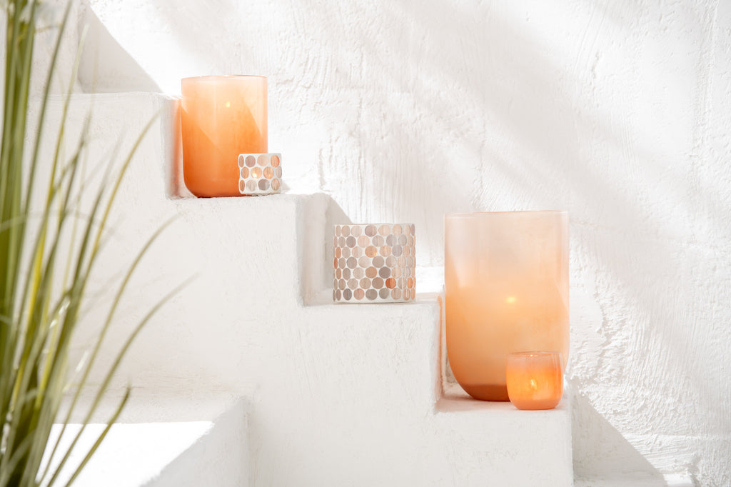 THEELICHTHOUDER MOZAÏEK CIRKEL GLAS WIT/ORANJE KLEIN