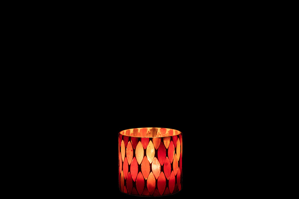 THEELICHTHOUDER MOZAÏEK BLAD GLAS ROOD/ORANJE KLEIN