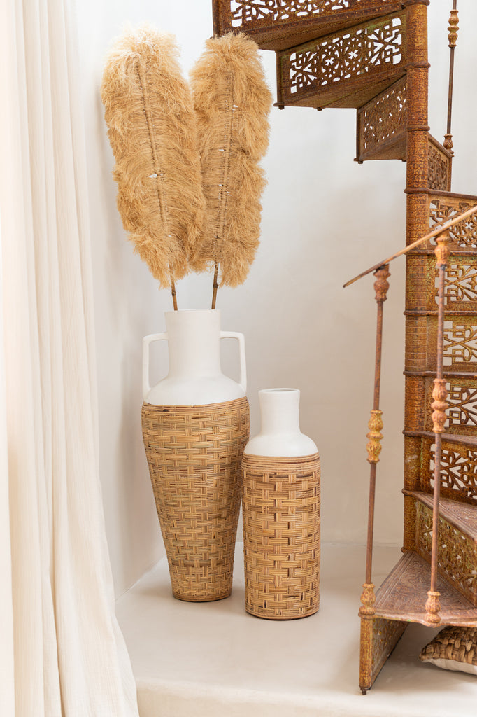 Vaas Weven + Handgrepen Terracotta/Rotan Wit/Natuurlijk