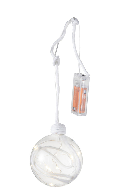 Kerstbal Bal+Touw+Led Glas Helder Wit Medium