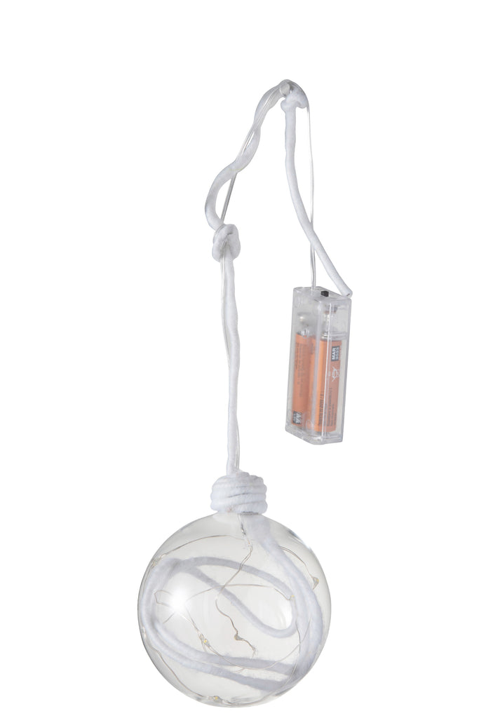 Kerstbal Bal+Touw+Led Glas Helder Wit Medium