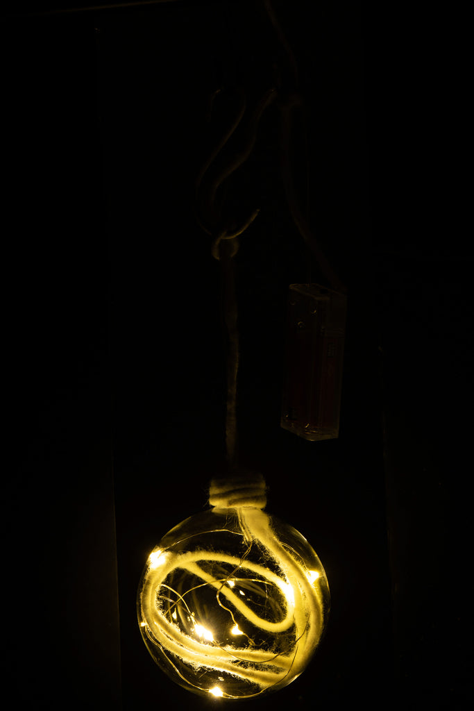 Kerstbal Bal+Touw+Led Glas Helder Wit Medium