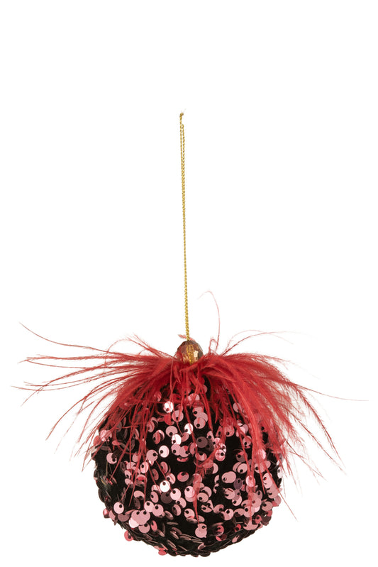 Kerstbal pailletten veren bordeaux
