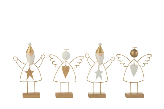 Engel/Kerstman op voet Metaal Goud/Wit Assortiment van 4