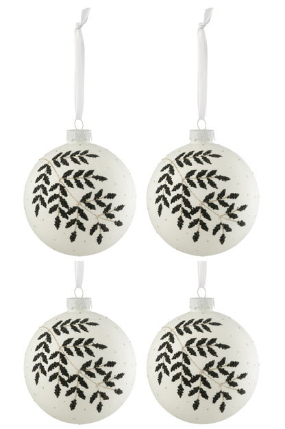 Doos met 4 kerstballen Kerstblad Glitter Groen Glas Wit Medium