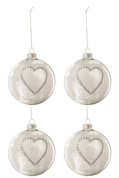Doos met 4 kerstballen Hart Strass Zilver Veer Wit Glas Helder Medium