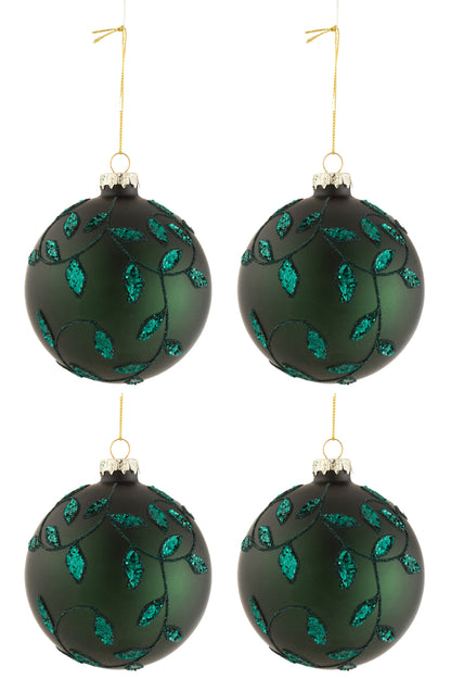 Doos met 4 kerstballen bladeren glitter glas mat groen medium