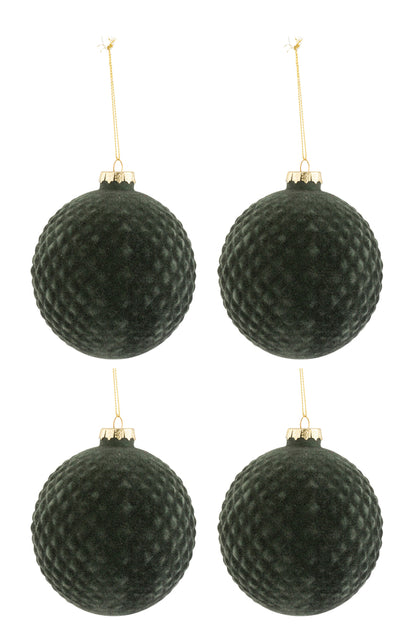 Doos met 4 kerstballen patroon fluweel glas donkergroen medium