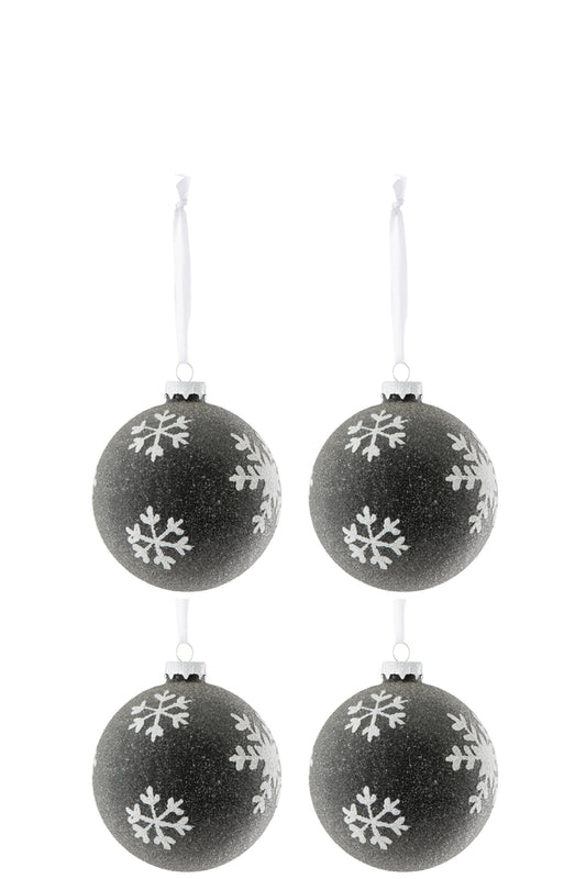 Doos met 4 kerstbalparels + sneeuwvlokglas grijs donker/wit klein
