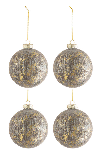 Doos met 4 kerstballen fluweel glas antiek grijs/goud medium