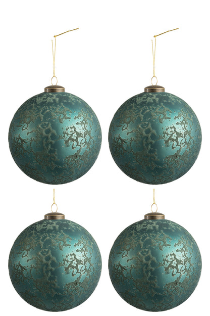 Doos met 4 kerstballen glas mat antiek azuurblauw groot