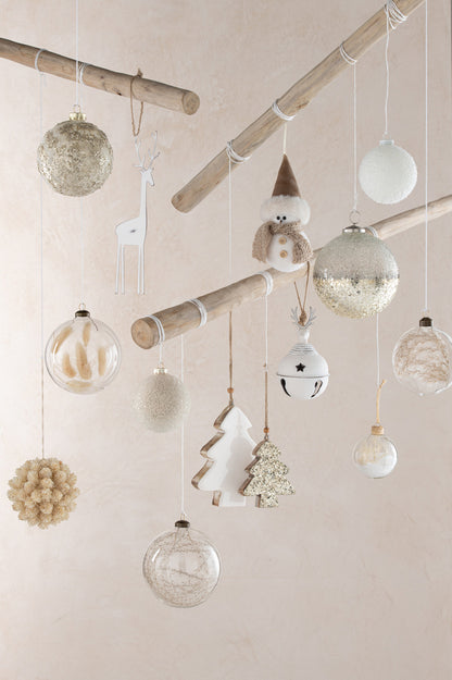 Doos met 4 kerstballen rond plat 2+2 gedroogde pampa's glas transparant medium