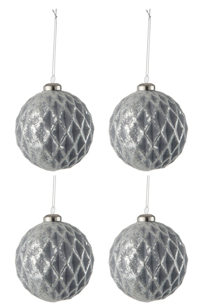 Doos met 4 kerstballen met diamantpatroon, glas, antiekgrijs, groot