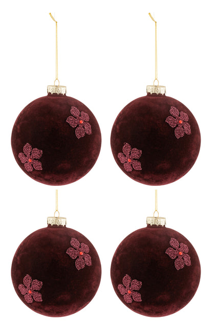 Doos met 4 kerstballen Bloemen Fluweel Glas Bourgondië Groot