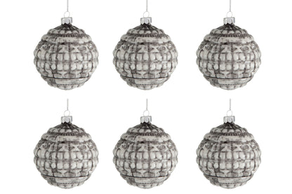 Doos met 6 ronde kerstballen met print van glas, groen/beige, klein 8 cm