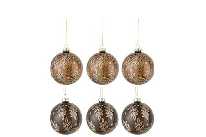 Doos met 6 kerstballen 3+3 bladeren glas transparant camel/bruin klein