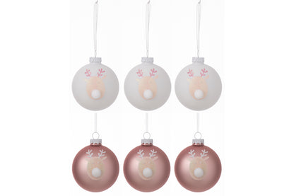Doos met 6 kerstballen 3+3 rendieren glas lichtroze/wit klein