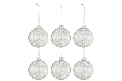 Doos met 6 kerstballen krullen glitter zilver glas transparant klein