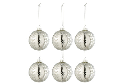 Doos met 6 kerstballen Bladeren Glitter Glas Glanzend Zilver Klein