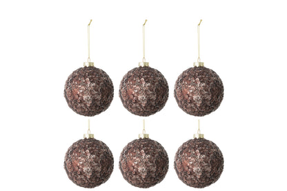 Doos met 6 kerstballen pailletten suiker mat glas donkerbruin klein
