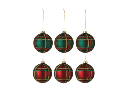 Doos met 6 kerstballen geruit glas 3rood/3groen klein