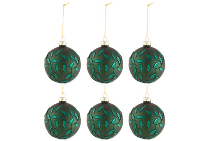 Doos met 6 kerstballen bladeren glitter glas mat groen klein