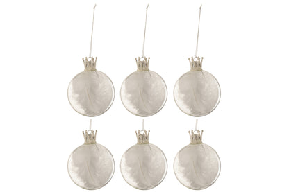 Doos met 6 kerstballen kroon veer wit glas helder klein