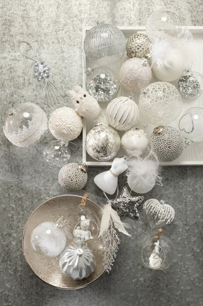 Doos met 6 kerstballen kroon veer wit glas helder klein