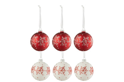Doos met 6 kerstballen Sneeuwvlokken Glitter Glas Wit/Rood Klein