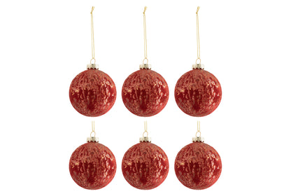 Doos met 6 kerstballen fluweel glas antiek bordeauxrood/goud klein