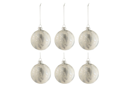 Doos met 6 kerstballen marmerlook glas wit/zilver klein
