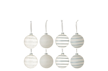 Doos met 8 kerstballen Cartel 4Glass Clear/4Opal White/Blue Kleine sortering van 2