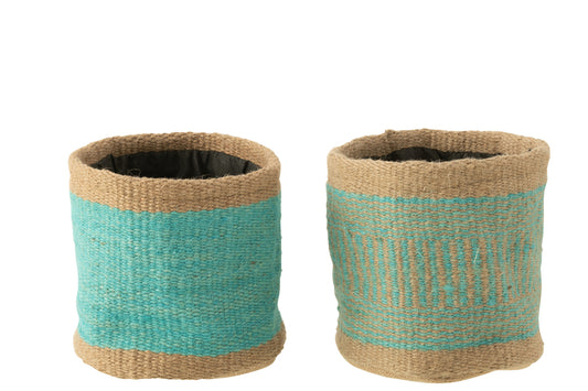 Mand Rond+Band Jute Natuurlijk/Azuurblauw Groot Assortiment Van 2