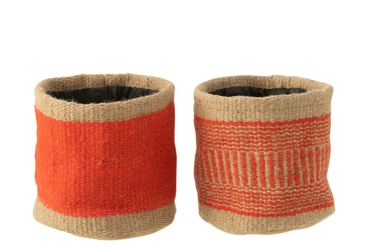 Mand Rond+Band Jute Naturel/Oranje Groot Assortiment Van 2