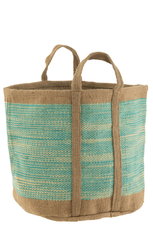 Mand Rond Met Handvatten Jute Natuurlijk/Azuurblauw