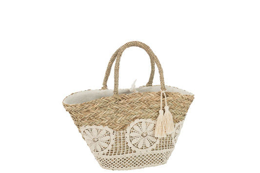 Strandtas Kant Bloem+Kwast Jute Natuurlijk/Wit