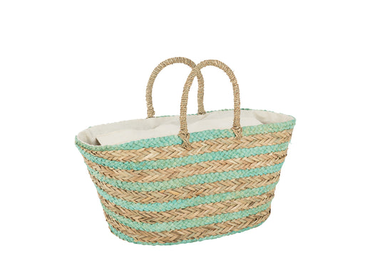 Strandtas Korte Handvatten Horizontale Strepen Jute Natuurlijk/Blauw