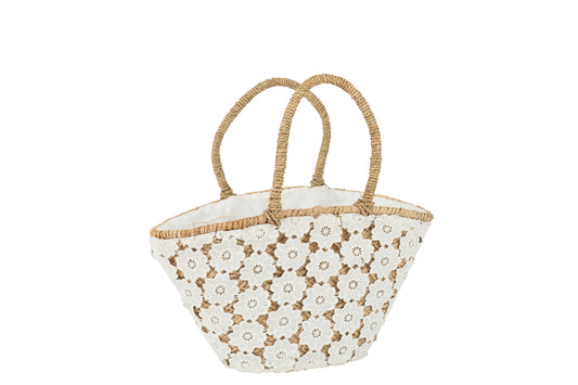 Strandtas Kant Bloemenpatroon Jute Natuurlijk/Wit