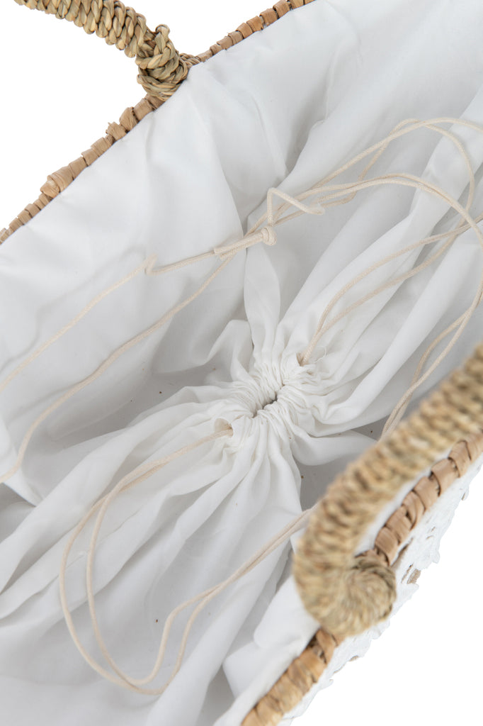 Strandtas Kant Bloemenpatroon Jute Natuurlijk/Wit