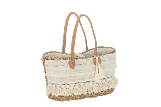 Strandtas Kant+Kwast Jute Natuur/Wit Klein