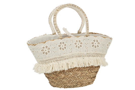 Strandtas Bloemen+Franjes Zeegras Natuurlijk/Crème