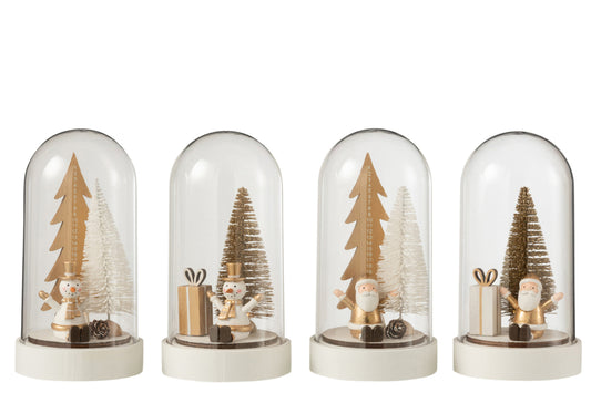 Bell Jar Kerstmis+Led Hout Wit/Goud Groot Assortiment Van 4