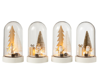 Bell Jar Kerstmis+Led Hout Wit/Goud Groot Assortiment Van 4