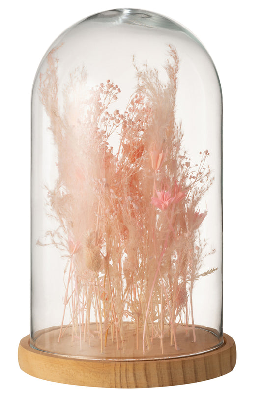 Bell Jar Gedroogde Bloemen Licht Roze Glas Hout Groot