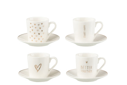 Doos met 4 koffiekopjes en schoteltjes in hartvorm Windownbox Keramiek Wit Klein