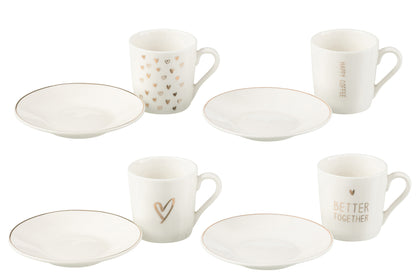 Doos met 4 koffiekopjes en schoteltjes in hartvorm Windownbox Keramiek Wit Klein