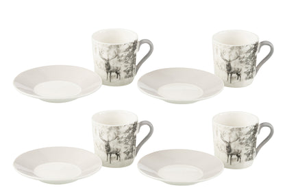 Doos met 4 koffiekopjes en schoteltjes rendieren Windownbox keramiek grijs klein
