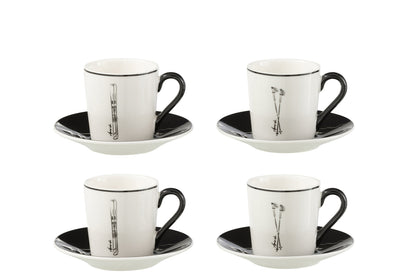 Doos met 4 koffiekopjes en schoteltjes Windownbox Keramiek Zwart/Wit Klein